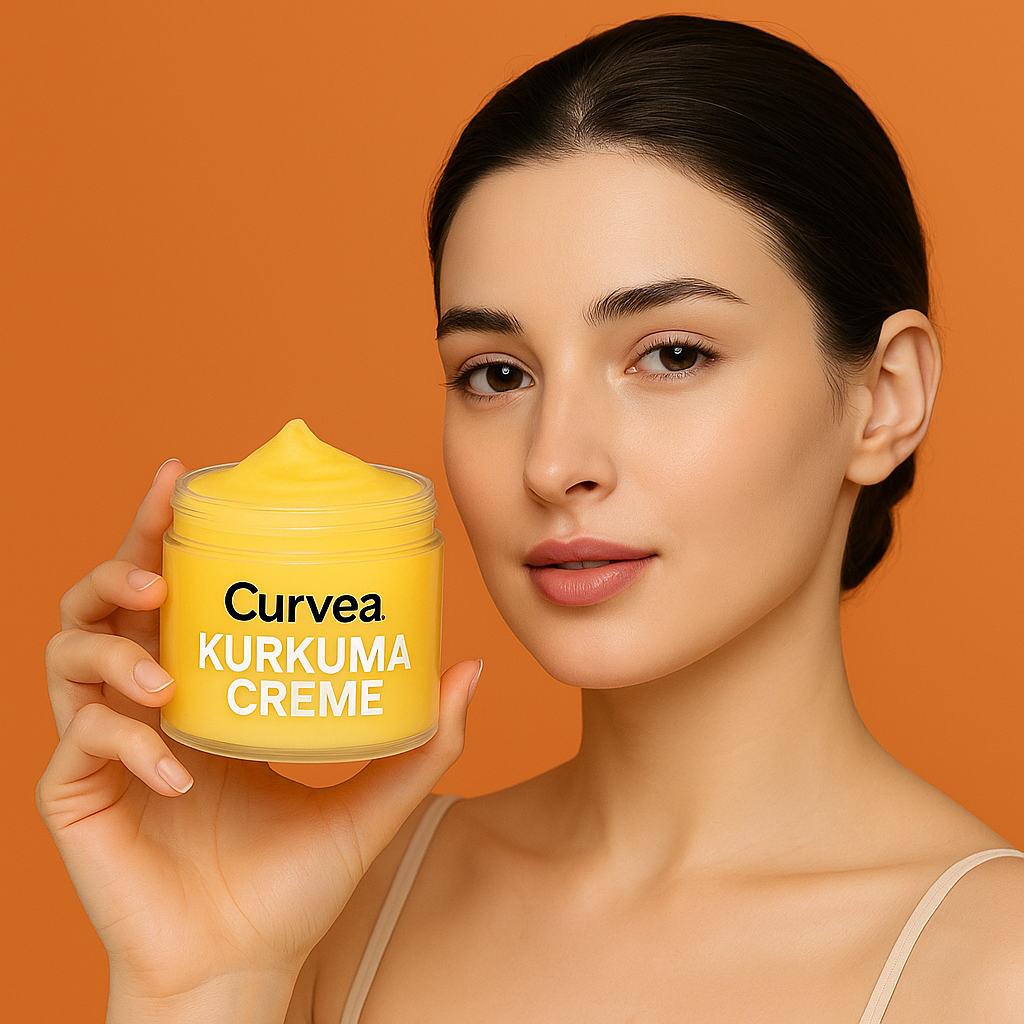 Junge Frau mit glatter Haut hält lächelnd ein offenes Glas Curvèa Kurkuma Creme in der Hand vor orangenem Hintergrund.