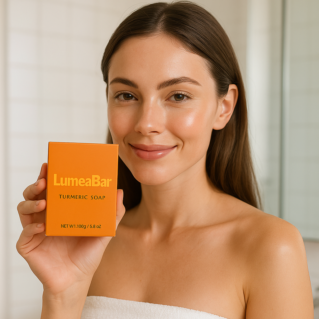 Lächelnde Frau mit glatter Haut hält eine orangefarbene Box der LumeaBar Kurkuma-Seife in der Hand, im Badezimmer stehend.