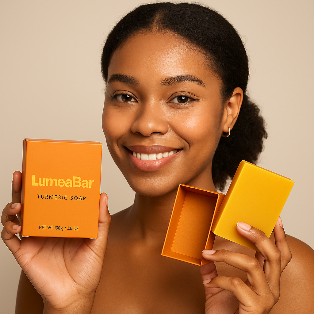 Lächelnde Frau mit dunkler Haut zeigt die LumeaBar-Seifenverpackung und die geöffnete Box in der Hand, vor beigem Hintergrund.