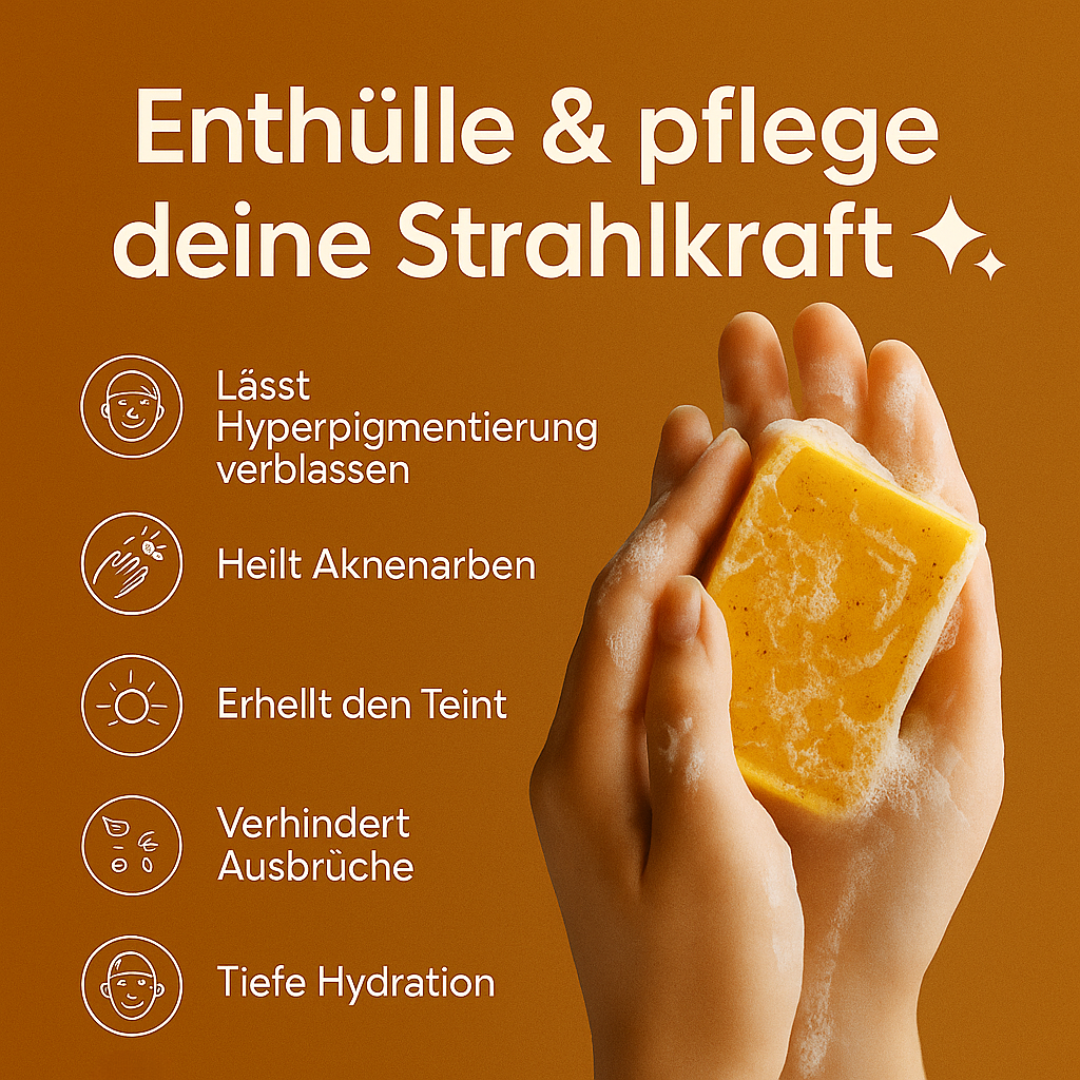 Zwei Hände halten schäumende Seife. Links daneben Icons und Text: Lässt Hyperpigmentierung verblassen, heilt Aknenarben, erhellt den Teint, verhindert Ausbrüche, tiefe Hydration.