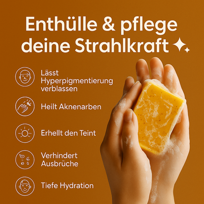 Zwei Hände halten schäumende Seife. Links daneben Icons und Text: Lässt Hyperpigmentierung verblassen, heilt Aknenarben, erhellt den Teint, verhindert Ausbrüche, tiefe Hydration.
