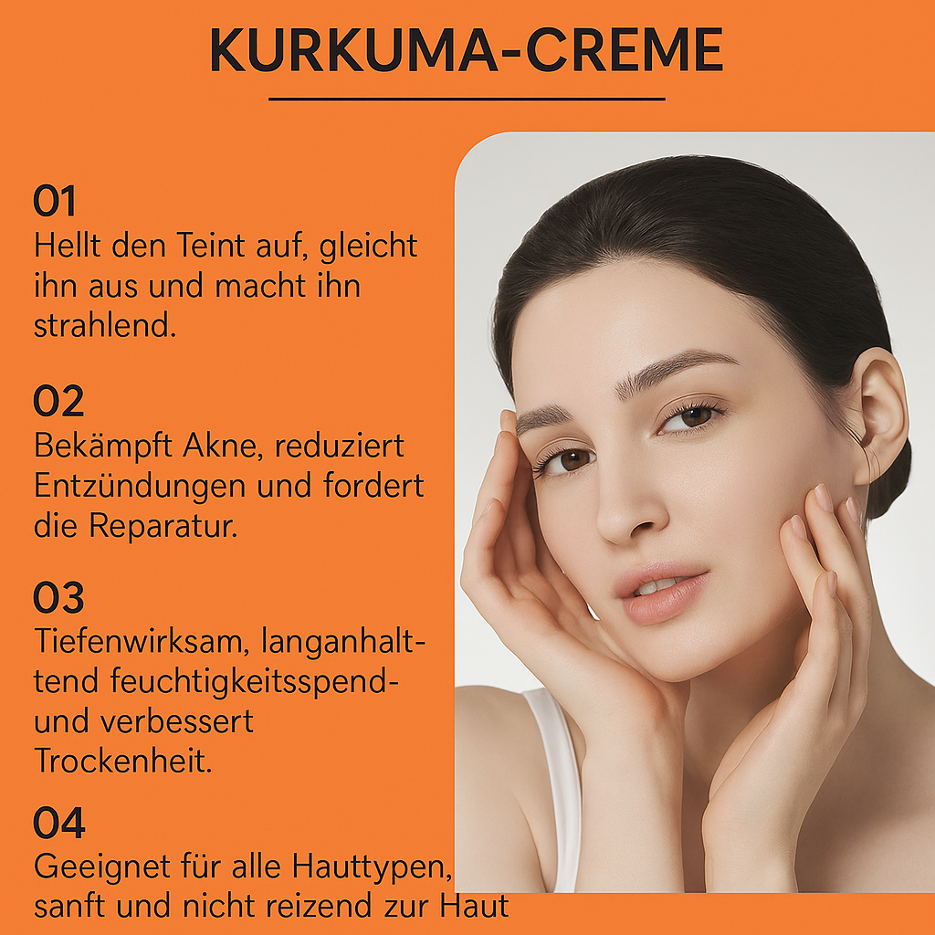 Informationsgrafik zur Curvèa Kurkuma Creme mit Porträt einer Frau. Text: 01 Hellt den Teint auf, 02 Bekämpft Akne, 03 Tiefenwirksam feuchtigkeitsspendend, 04 Für alle Hauttypen geeignet.
