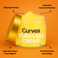 Offenes Gelbglas mit Curvèa Kurkuma Creme, Deckel seitlich geöffnet. Pfeile zeigen Vorteile: Bekämpft Pickel, reduziert Hautunreinheiten, spendet intensiv Feuchtigkeit, strafft die Haut nachhaltig.
