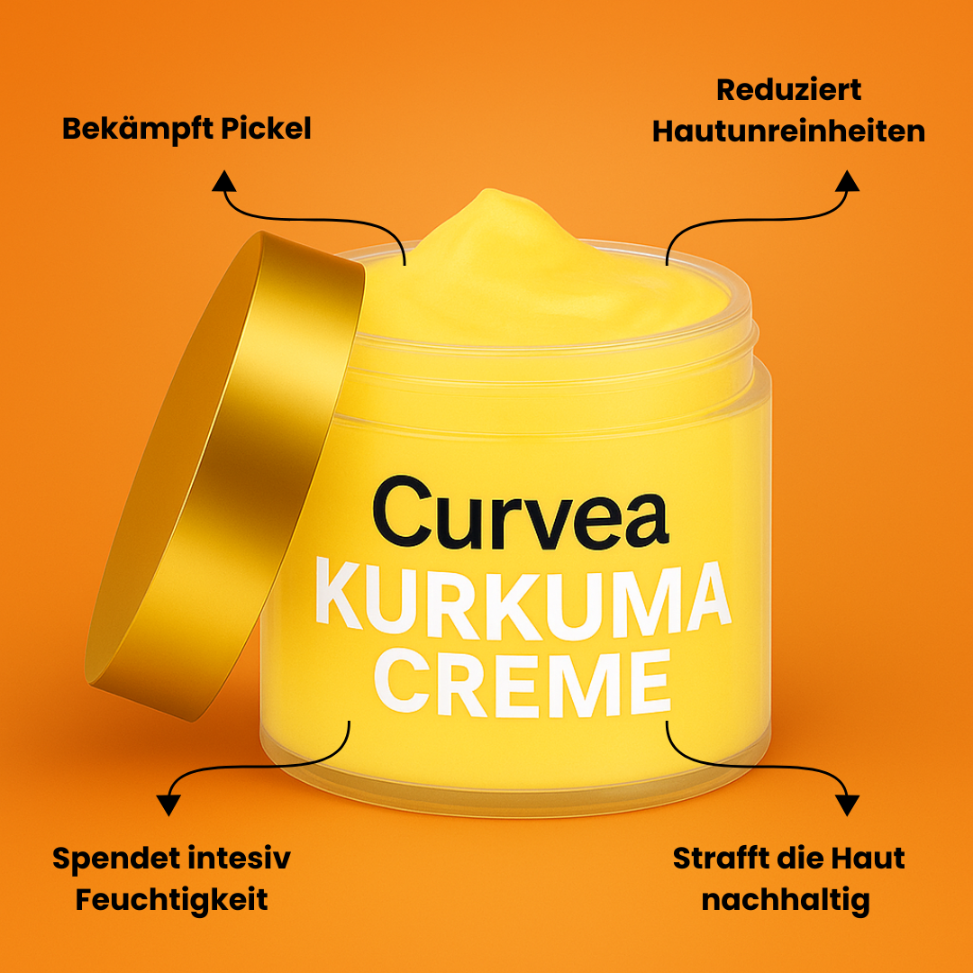 Offenes Gelbglas mit Curvèa Kurkuma Creme, Deckel seitlich geöffnet. Pfeile zeigen Vorteile: Bekämpft Pickel, reduziert Hautunreinheiten, spendet intensiv Feuchtigkeit, strafft die Haut nachhaltig.