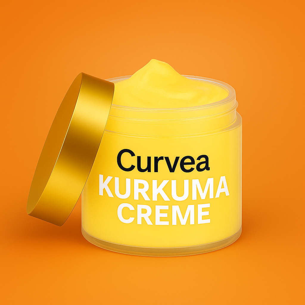 Nahaufnahme eines offenen Tiegels mit gelber Curvèa Kurkuma Creme auf orangefarbenem Hintergrund. Beschriftung: Curvèa Kurkuma Creme.
