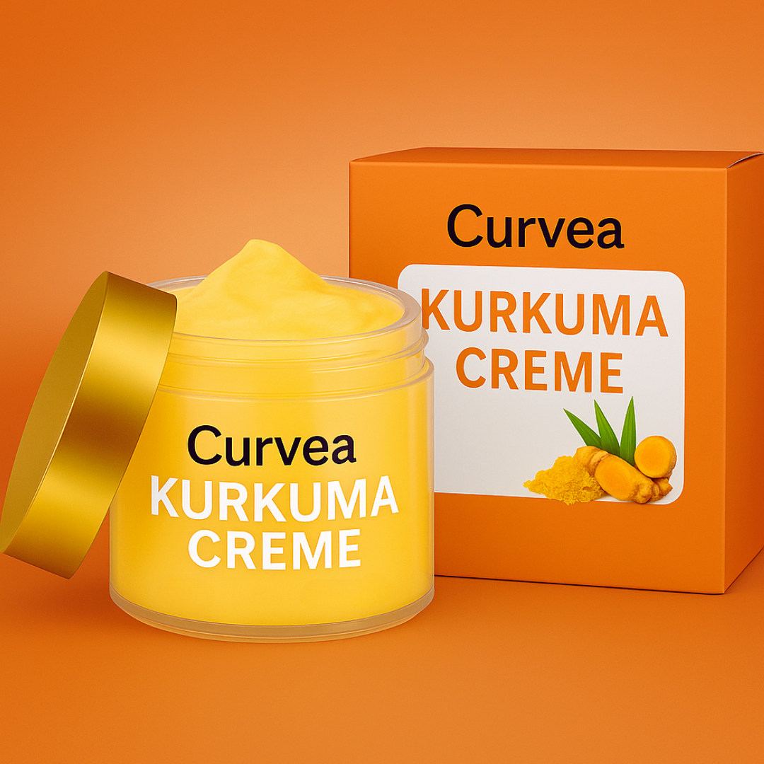 Curvèa Kurkuma Creme in offenem Tiegel vor der passenden Produktverpackung. Auf der Schachtel: Abbildung von Kurkumawurzel und grünem Blatt.