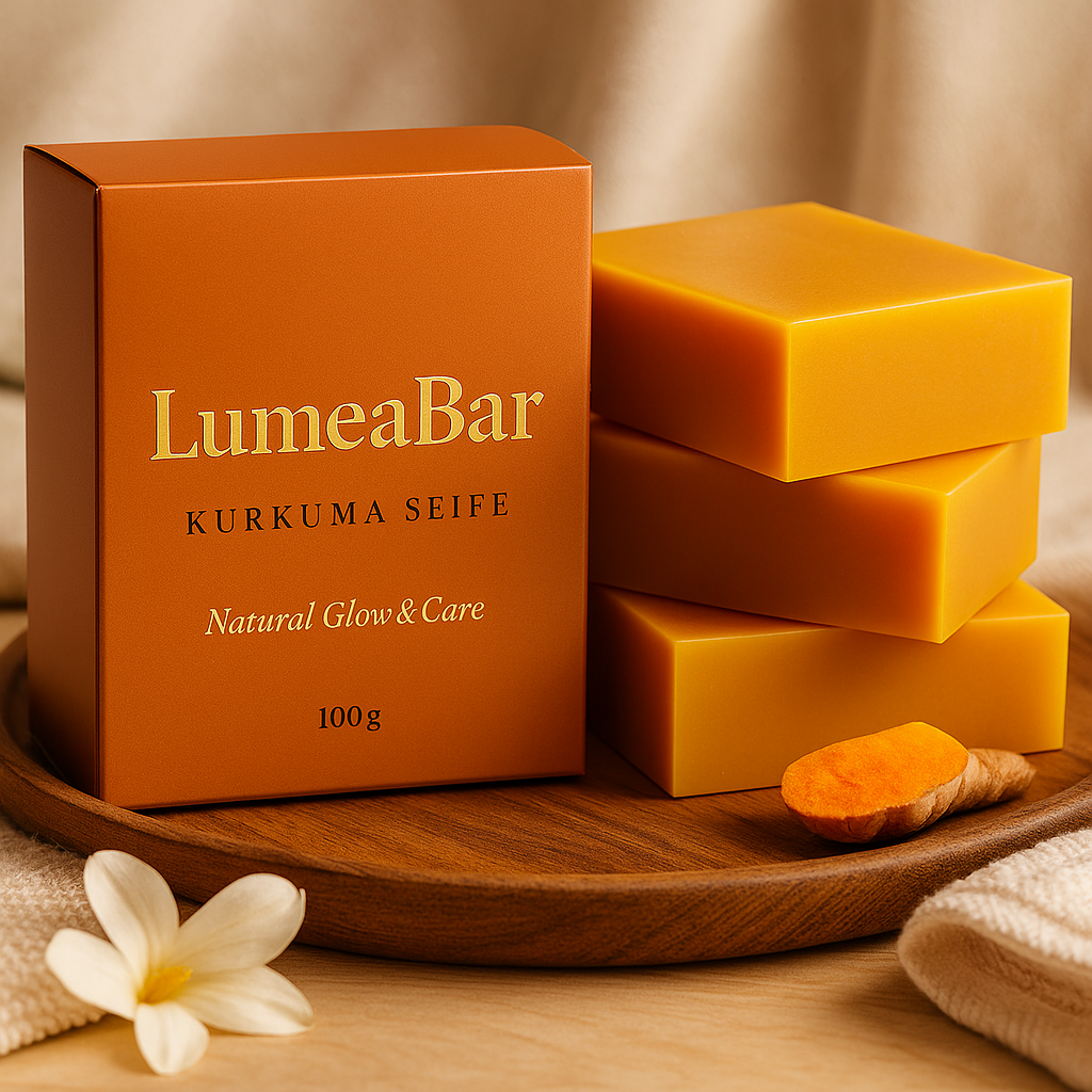 Produktbild mit LumeaBar-Seifenbox, mehreren orangefarbenen Seifenstücken und frischer Kurkumawurzel auf einem Holztablett.